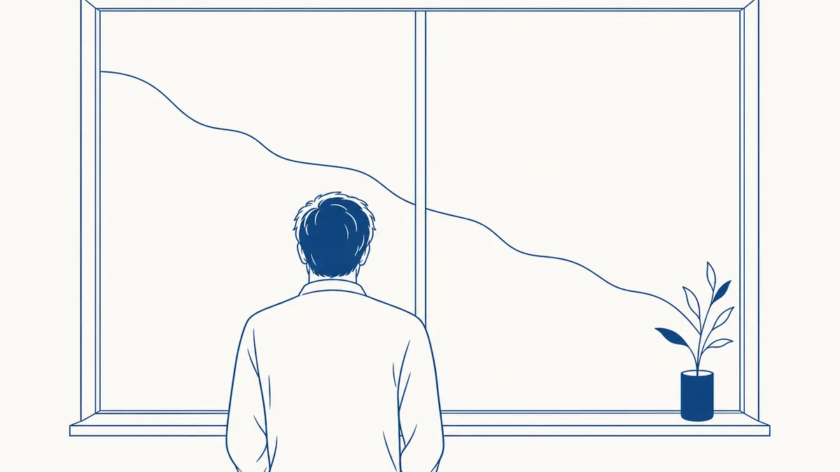 窓の外を見つめる人の後ろ姿を描いた線画イラスト