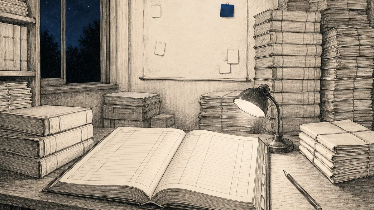 夜の書庫で、積み上げた年表と開いた帳簿をランプの灯りで読む机を描いた線画イラスト